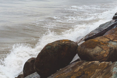 Waves splashing on rocks at shore