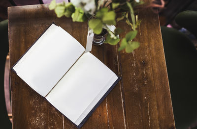 High angle view of book on table