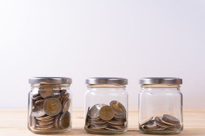 Close-up of glass jar on table against white background