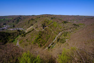 Scenic view of landscape against clear blue sky