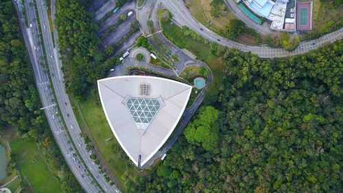 High angle view of umbrella by building