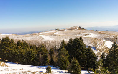 Scenic view of snowcapped mountains against clear sky