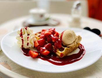 Close-up of dessert in plate on table