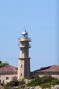 Lighthouse by sea against clear sky