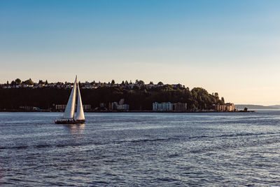 Sailboat sailing on sea against clear sky