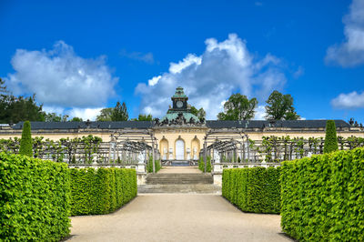 View of garden against cloudy sky