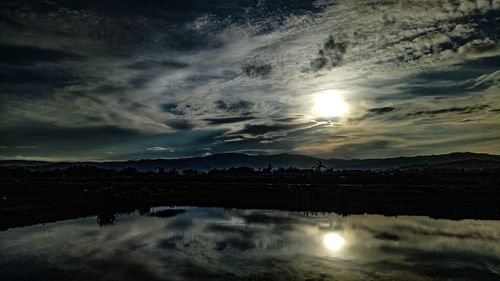 Scenic view of lake against sky at sunset