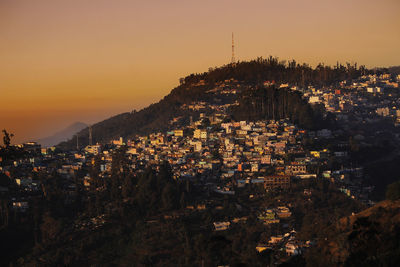 High angle view of townscape against sky during sunset