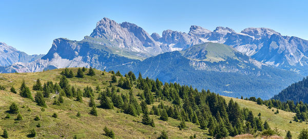 Scenic view of mountains against clear blue sky