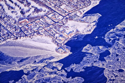 High angle view of snowcapped field