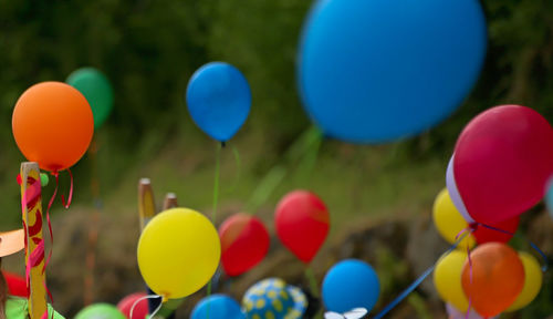 Close-up of balloons against blue sky