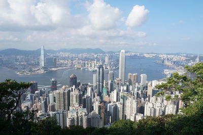 Aerial view of city and buildings against sky