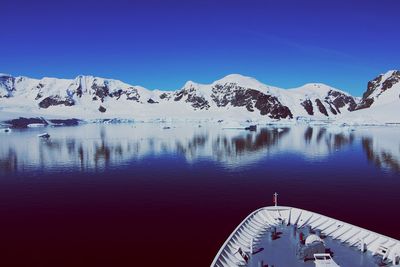 Scenic view of lake by snowcapped mountains against blue sky