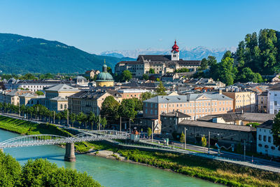 Bridge over river with buildings in background