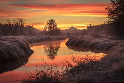 Scenic view of lake against sky during sunset