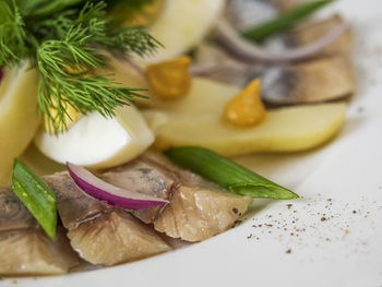 Close-up of seafood served with egg in plate