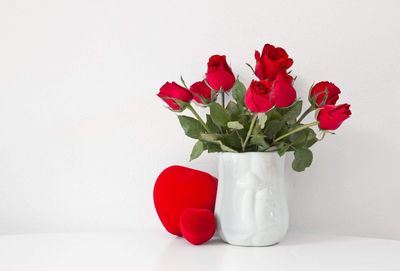 Close-up of red flower vase against white background