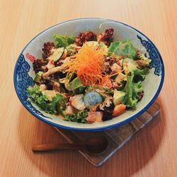 High angle view of salad in bowl on table