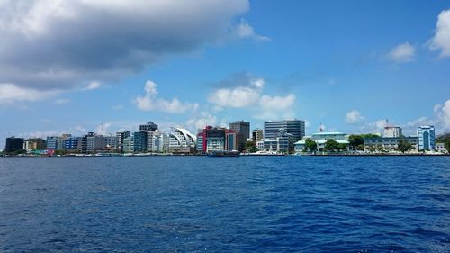 Sea with cityscape in background