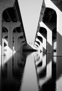 Bridge over river in city against clear sky