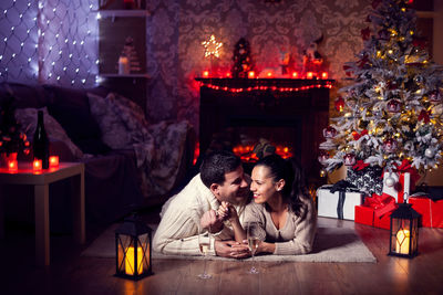 Rear view of woman with christmas decoration