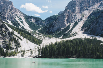 Scenic view of lake by mountains against sky