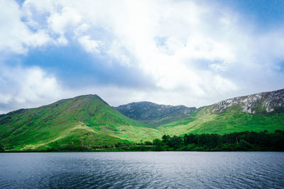 Scenic view of lake against cloudy sky