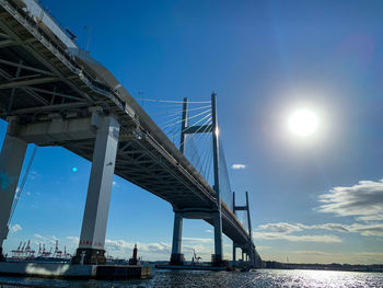 Low angle view of bridge over sea against blue sky