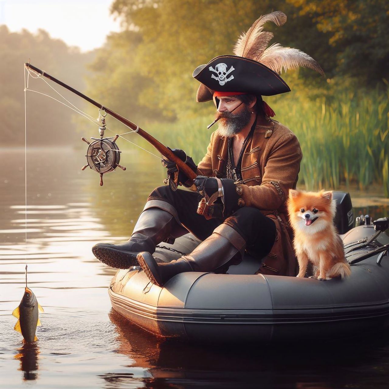 dog, animal, water, animal themes, carnivore, one animal, mammal, domestic animals, pet, canine, nautical vessel, nature, adult, transportation, men, hat, clothing, sitting, animal wildlife, lake, mode of transportation, person, women, vehicle, fishing, fun, boat, female, holiday, activity, outdoors, emotion, trip, one person, vacation, travel, autumn, retriever