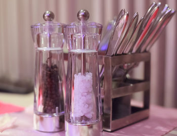 Close-up of drink in glass jar on table