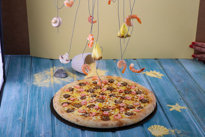 High angle view of pizza on table