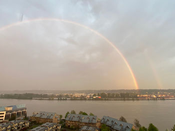 Scenic view of rainbow over river against sky