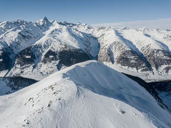 Aerial view of snowcapped mountains against sky