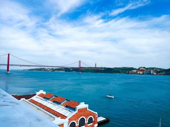 April 25th bridge over tagus river against cloudy sky