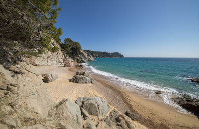 Scenic view of beach against clear sky