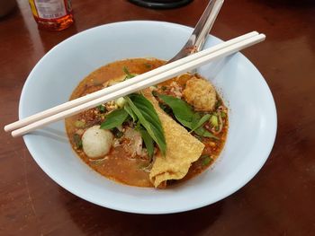 High angle view of food in plate on table