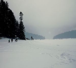 View of people skiing on snow covered landscape