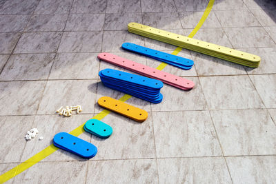 High angle view of wooden blocks on table