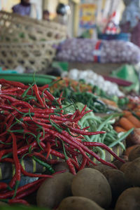 Close-up of red chili peppers for sale in market