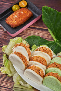 High angle view of food served on table