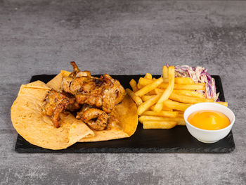 High angle view of food in plate on table