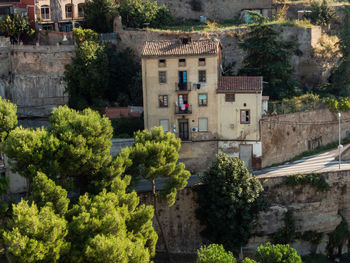 High angle view of trees and buildings