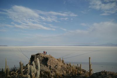 Mid distance view of people on mountain against sea and sky