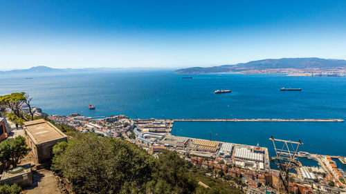 High angle view of bay against clear blue sky