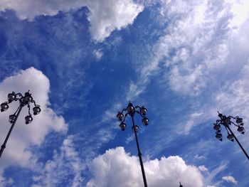 Low angle view of power lines against cloudy sky