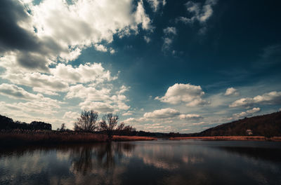 Scenic view of lake against sky at sunset