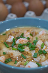 High angle view of soup in bowl