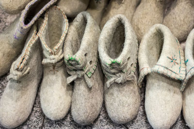 High angle view of shoes for sale at market stall