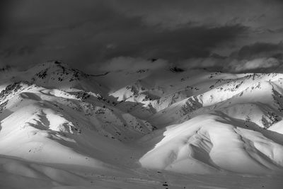 Scenic view of snow covered suusamyr valley