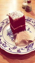 High angle view of cake served in plate